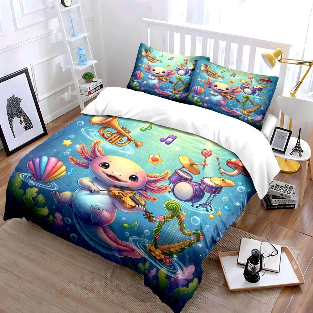 Cute salamander underwater concert Print Bedding Set 1 Duvet Cover 2 Pillowcases for Adult and Children Luxury Gift Full Size