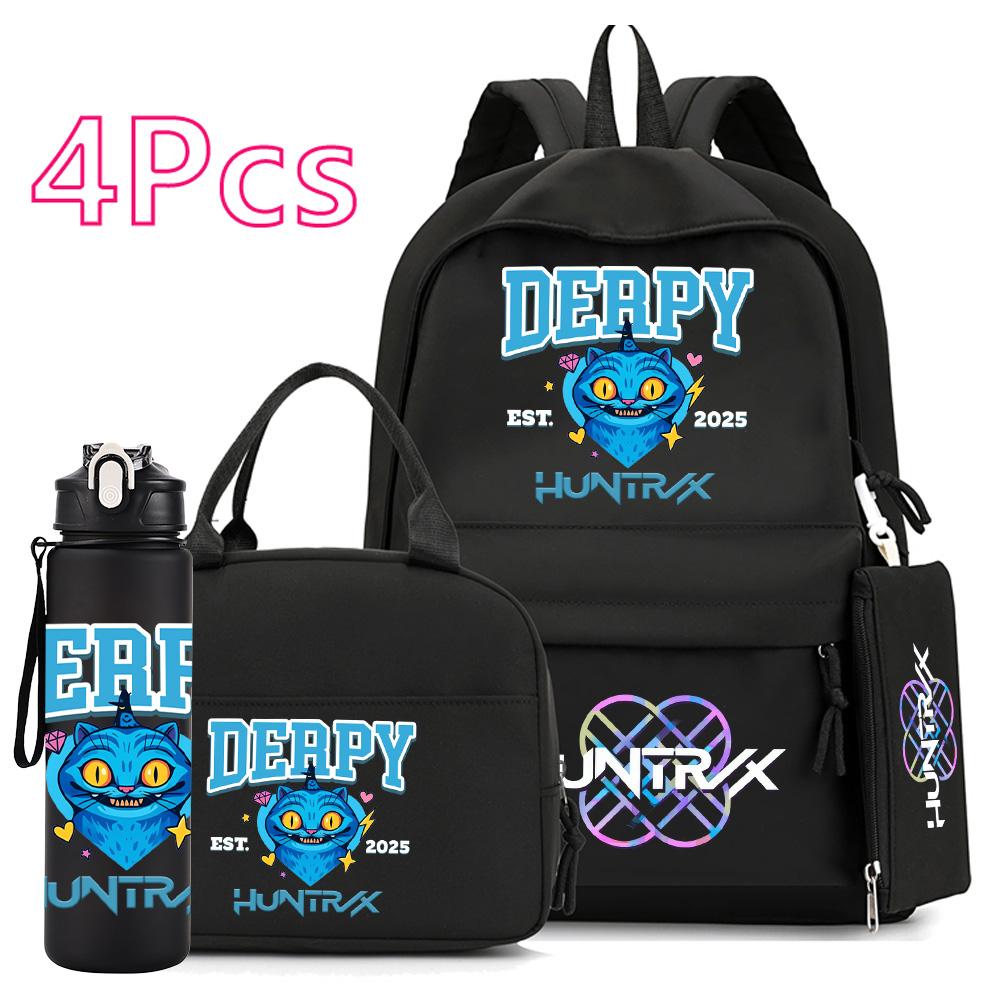 4Pcs/set Anime K-Pop Demon Hunters Printed 750Ml Water Bottler Backpack Handbag Pencil Case for Teenager Boy Girl Large Capacity Waterproof Schoolbag