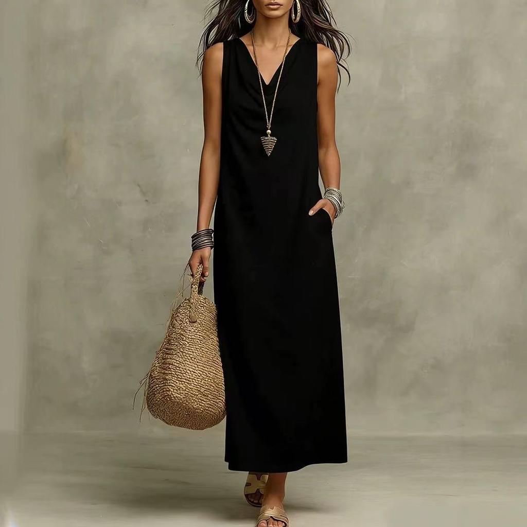  summer European and American new independent station dress women's sleeveless v-neck elegant long dress