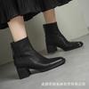 Thick heel square head leather short boots women's 2025 new British splicing thin Chelsea boots rear zipper fashion boots women