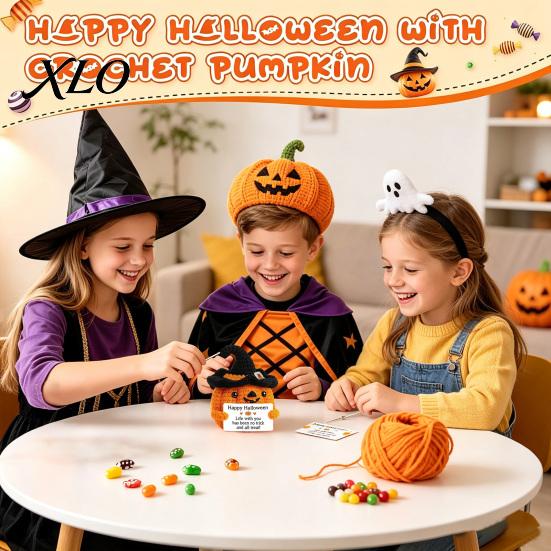 Halloween Häkelkürbis Dekor Handgemacht Positiv mit Hexenhut, Herbst Boo Korb Füller, Gemütliche Herbst Wohnaccessoires Mini Gestrickte Plüschfigur,