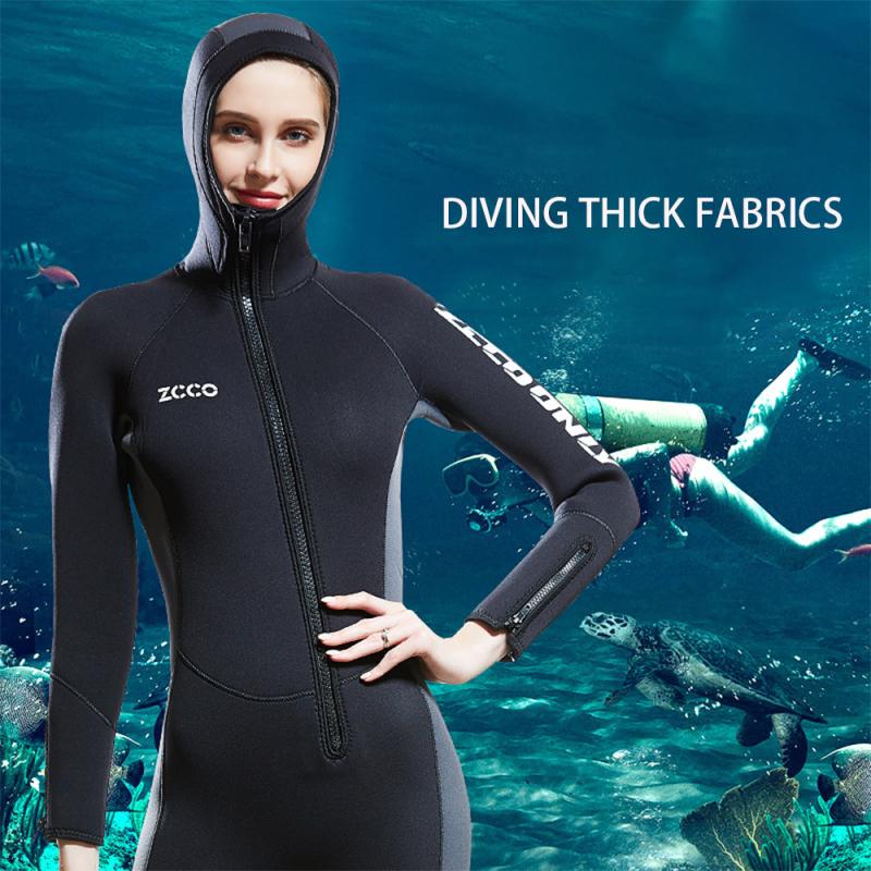 New 5MM Women One Piece Hooded ZCCO Wetsuit With Front Zipper Hood Thickened Warmth And Cold Proof Surfing Snorkeling Wetsuit