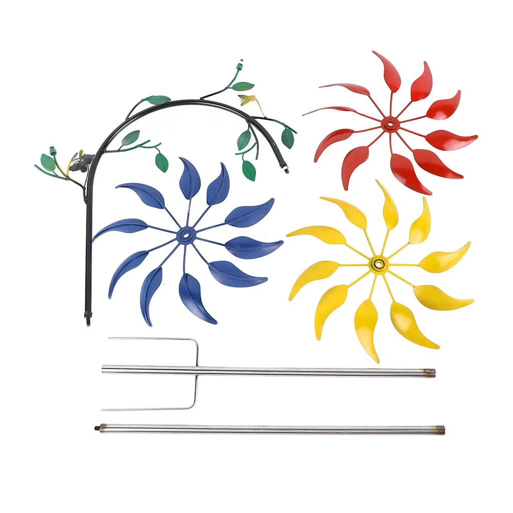 Wielobarwny wiatraczek z kwiatami i 3 kwiatami, zielone liście, przyciągający wzrok, duży wiatrak do dekoracji zewnętrznych werand, ogrodu domowego
