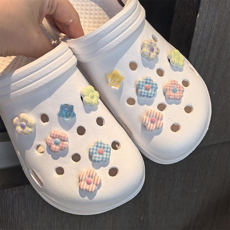 Dopamine Plaid Flowers Jelly Shoes Sandals Accessory Diy Decorative Shoe Flower Slippers Shoe Buckle Accessories