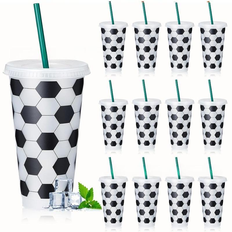 Soccer Print Tumbler with Straw Reusable Drinking Cup for Sports Theme Party Game Day Accessory Plastic Cup