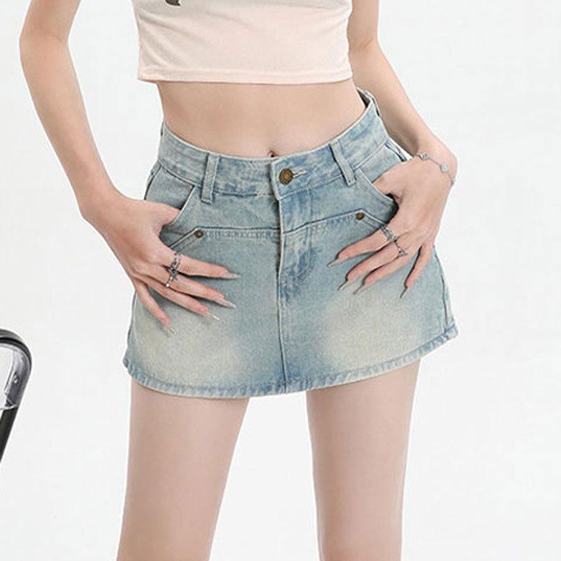EşsizKısa Etek Pantolon Yüksek Bel Kısa Etek A-kesim İnce Açık Renkli Kalça Saran Günlük Yarım Vücut Eteği Bayan Yaz Modası Denim Kısa Etek