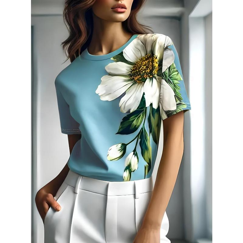3DPrinted Short Sleeve Floral Small White Flower Printed Women's Round Neck T-shirt Summer Loose Women's Casual Short Sleeve Top