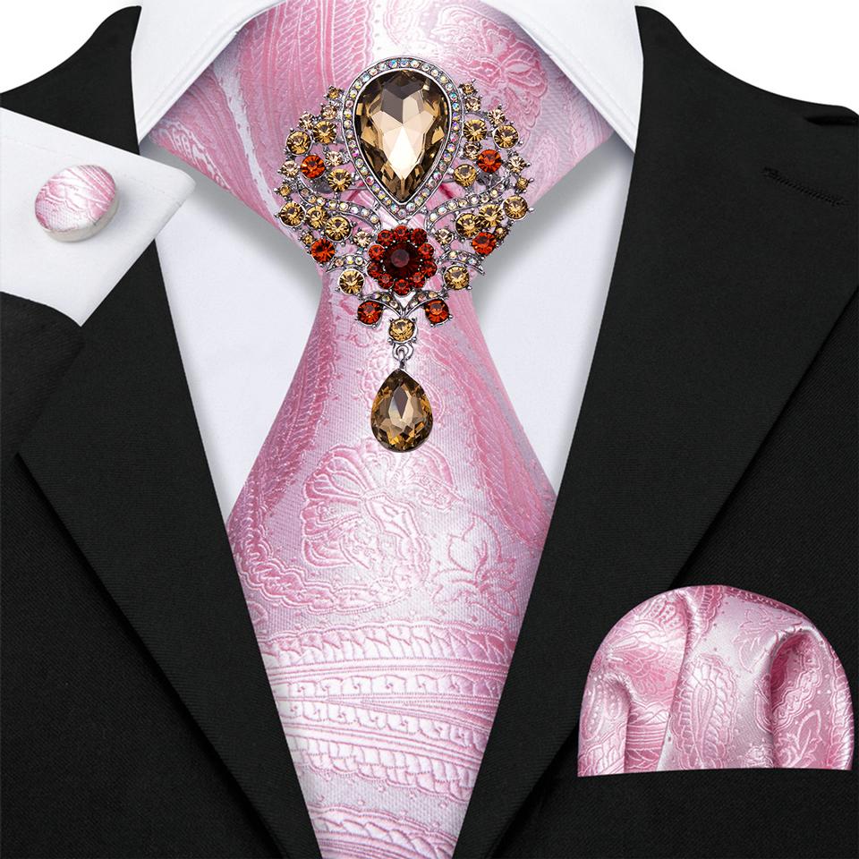 Luxury Tie with Brooch for Men Paisley Solid Formal Silk Necktie Hanky Cufflink Set