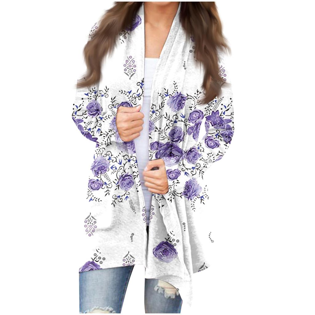 Modischer, lässiger, mittellanger Cardigan-Jackenmantel mit Blumendruck für Damen