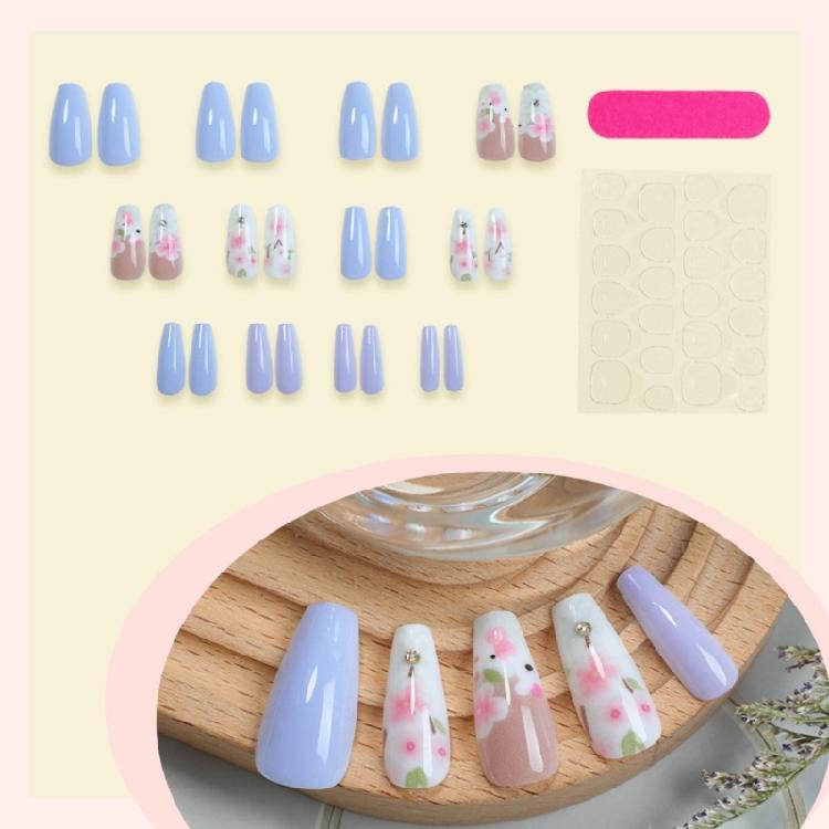 24x Glänzend Vollabdeckung Falsche Nägel Lange Form Press-On Nägel Blumen Aufkleber Nägel Einfache Acryl Nägel