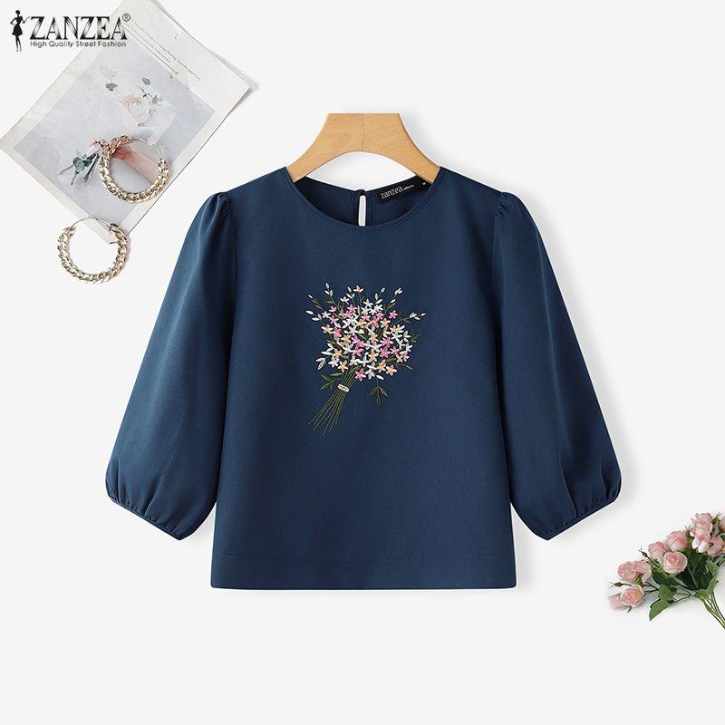 ZANZEA Women Casual Round Neck 3/4 Sleeve Floral Embroider Blouse