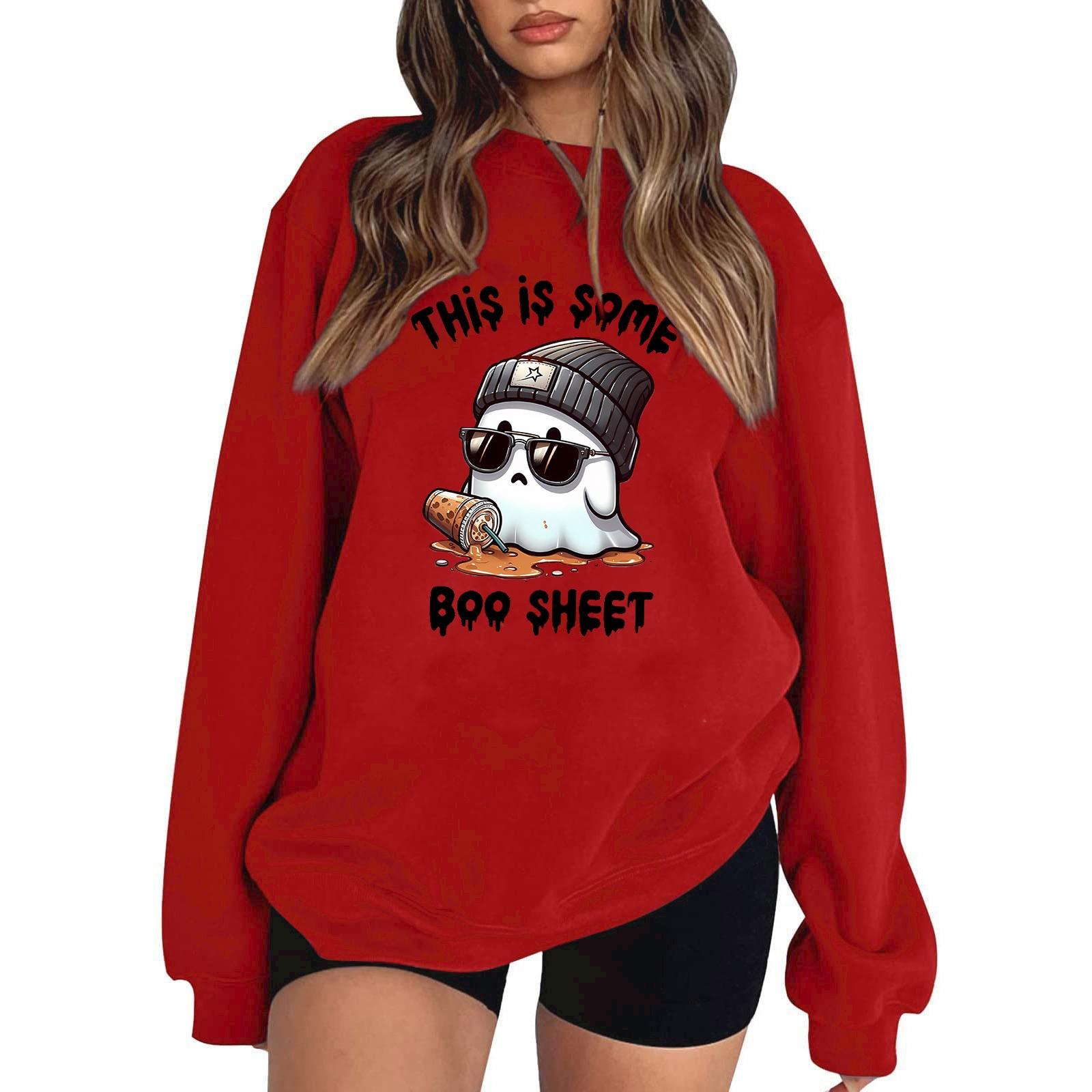 

Женский пуловер с принтом Хэллоуина, круглый вырез, заниженная линия плеча, блузка с длинными рукавами XL красный