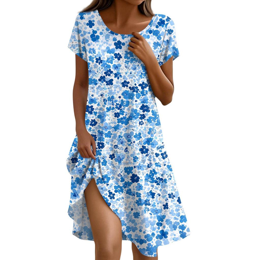 Short Sleeve Boho Dress For Women Casual Loose Fit Sundress Print Round Neck Dress With Pockets