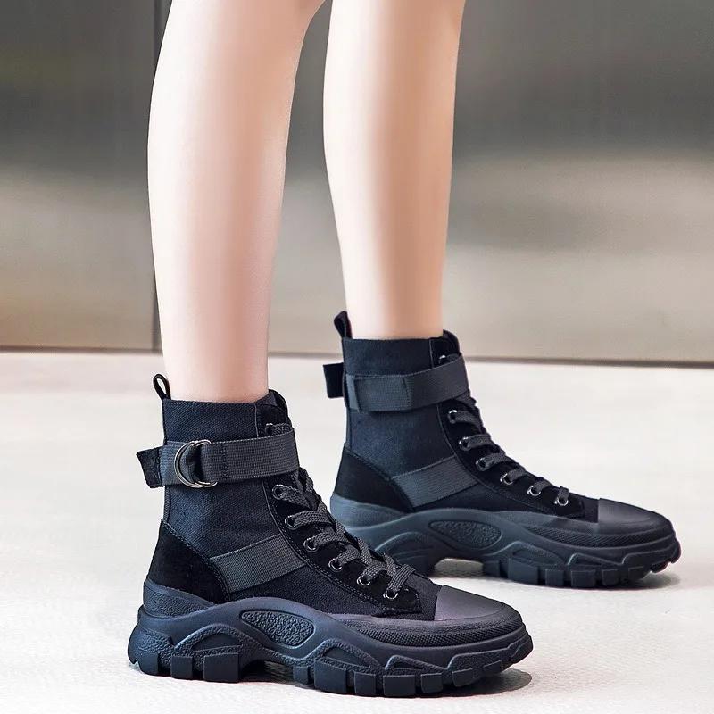 Fashion High Quality Canvas Motorcycle Punk Women Ankle Boots Spring Autumen Outdoor Sports Platform Boots Winter Chunky Booties Shoes