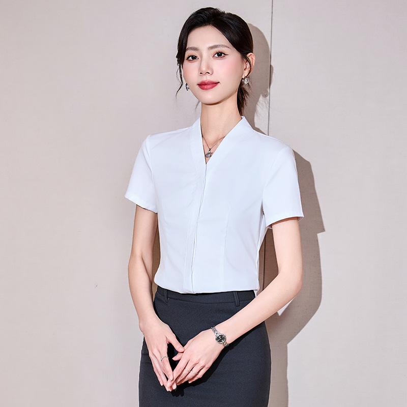 Women's V-Neck Short-Sleeve White Chiffon Shirt - Summer Formal Base Layer