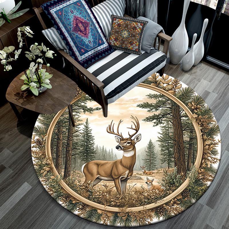 Deer Forest Round Area Rug,Carpet Rug for Living Room Bedroom Sofa Playroom Decor,Non-slip Floor Mat