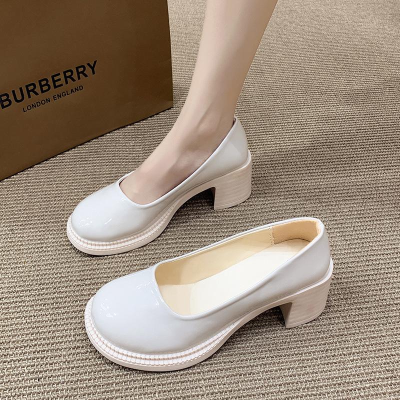 Size 35-43, Large Size Women's Shoes Round Head Soft Sole Non-slip Single Shoes Women's Thick Heel Mary Jane High Heels 41 Small Leather Shoes