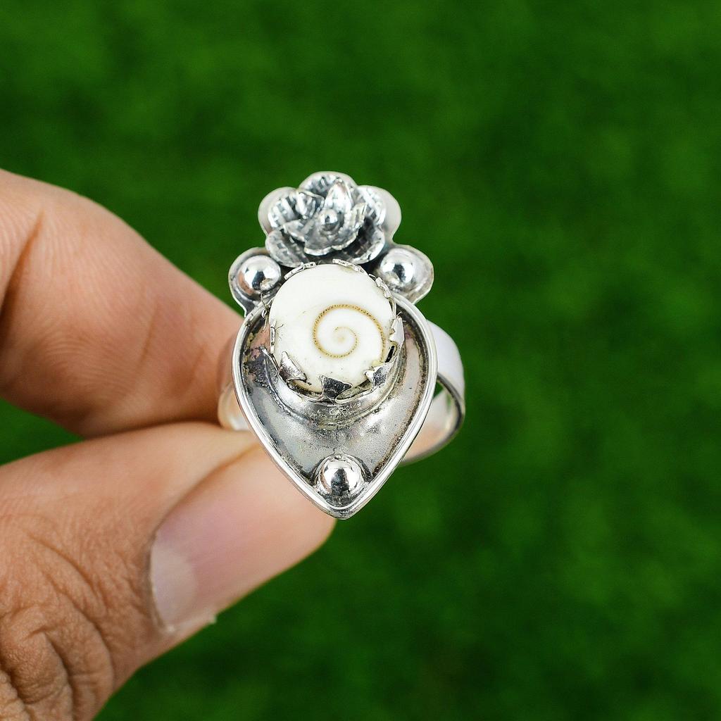 Gift For Her Natural Shiva Eye Shell Promise Flower Adjustable Ring 925 Silver