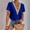 Camiseta de Verano de Encaje con Cuello en V y Manga Corta para Mujer Blusa Holgada Casual Fina de Color Sólido Pulóver