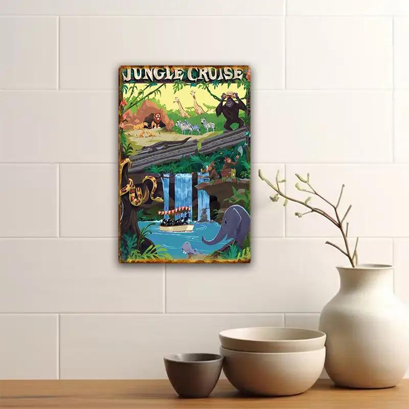 1pc Vintage Jungle Cruise Metal Sign - Retro Animation Style with Gorillas, Giraffes, Hippos - Durable Aluminum Wall Decor for H
