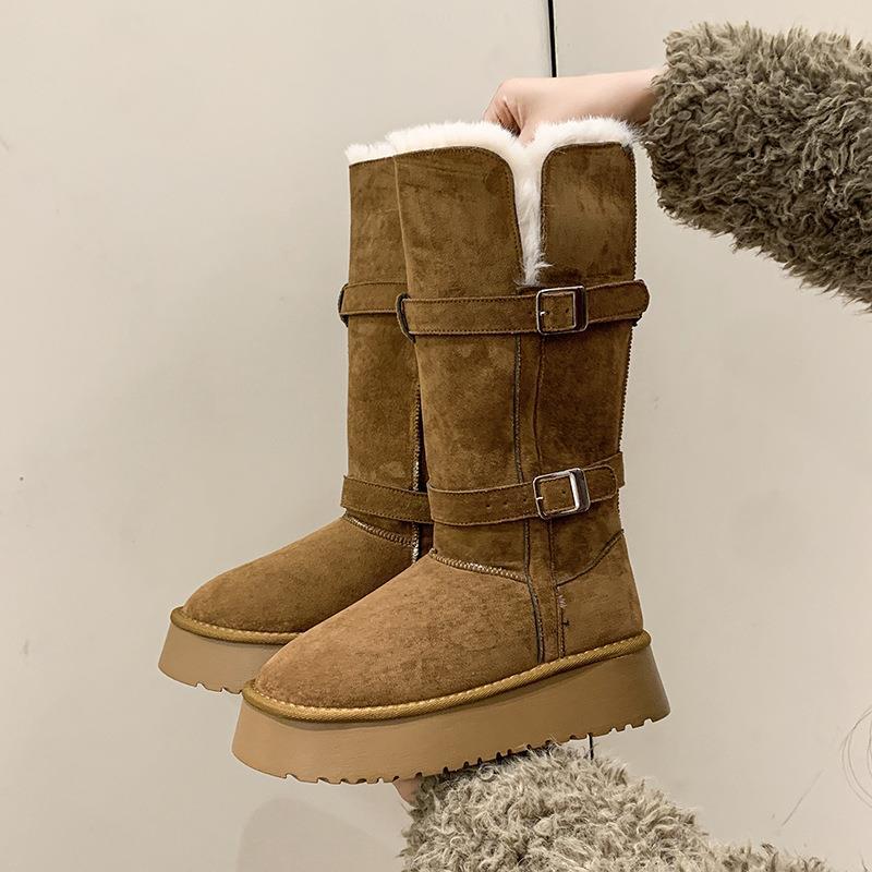 Gray Snow Boots Women's 2025 Winter New Thick-soled Heightening Piled Thickened Long Tube Snow Cotton Shoes Leg Cover Spice Girl