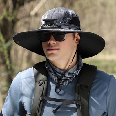 Men Fisherman Hat with Solar Fan Large Brim Windproof Strap USB Charging Anti-UV Sunscreen Quick Dry Great Breathability Outdoor Fishing Camping