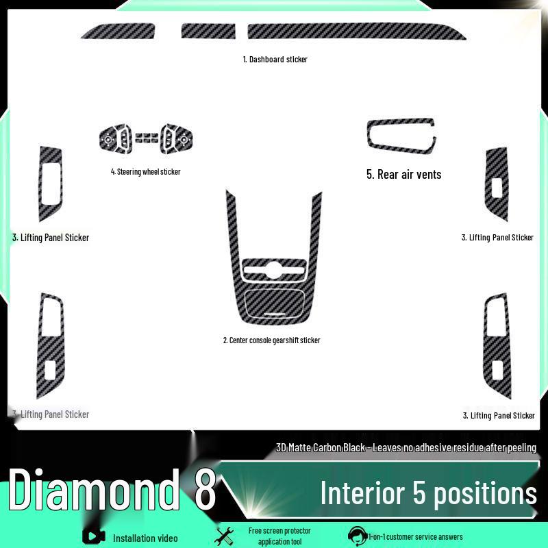 

Galaxy Starry Night 8 Interior Package: Gear Shift Sticker, Steering Wheel Guard, Armrest Trim & Door Decals. Four Door Lift Sticker