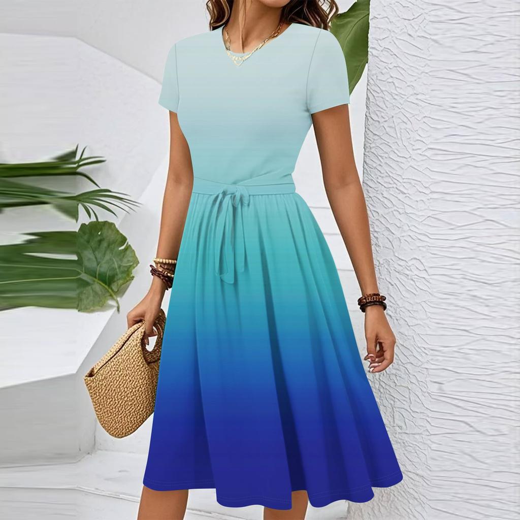 Damen Casual Farbverlauf Kurzarmkleid mit Taillengürtel Elegantes Rundhals-Sommerkleid in Midi-Länge