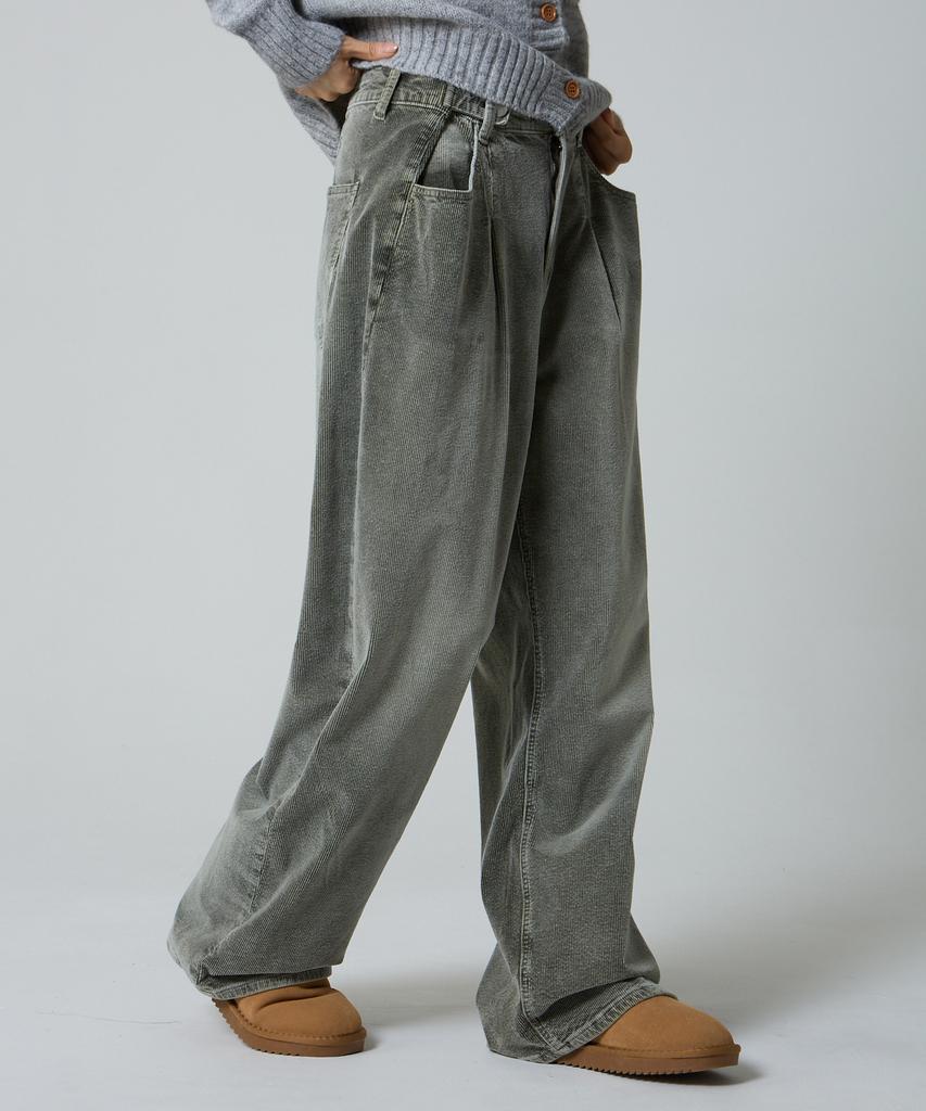 UNKNOWN PLANET Custom One-Pleat Wide Corduroy Pants Washed Khaki