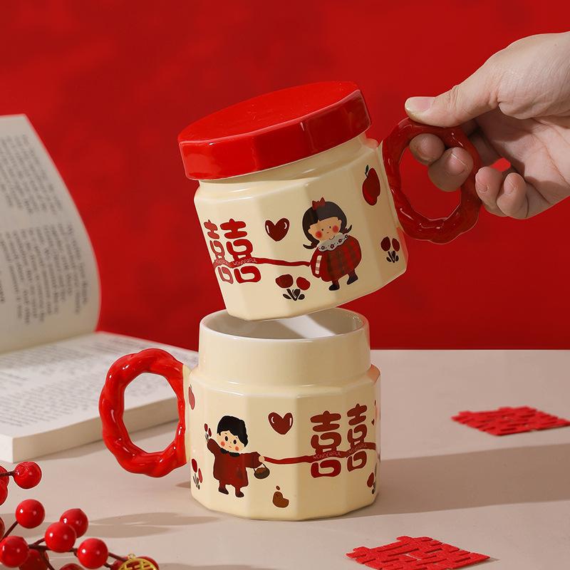 Ceramic mug souvenir, women's cup with lid, wedding gift for newlyweds, a pair of festive water cups for couples