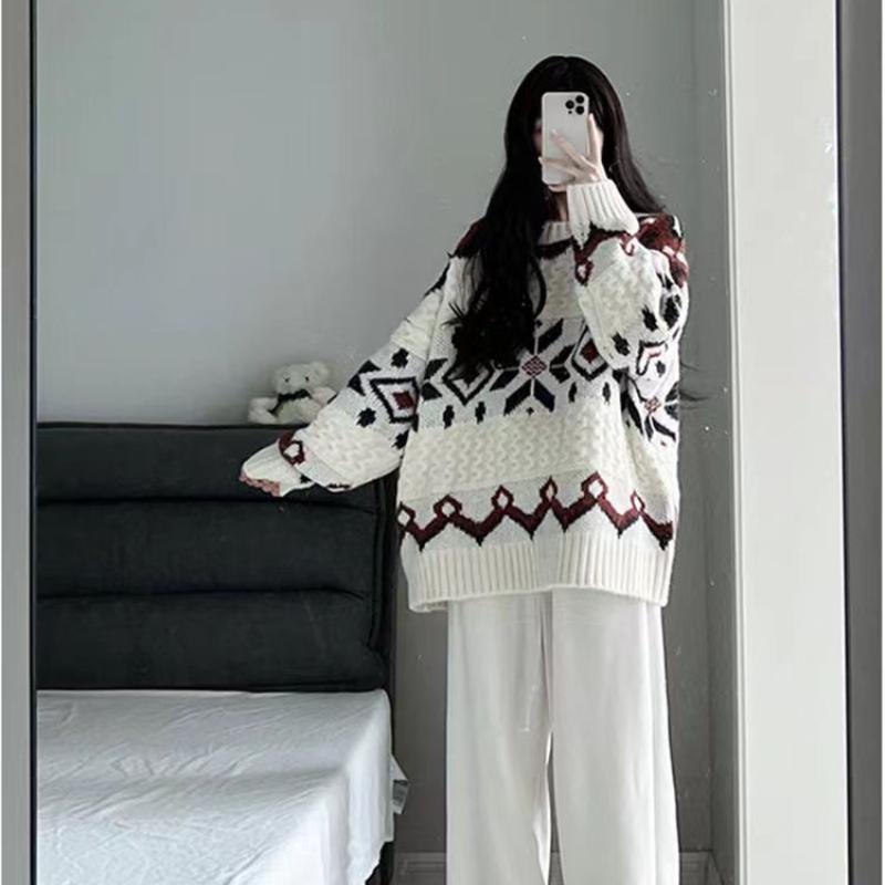 

Геометрический узор в полоску Женские свитера Стиль колледжа Нежный свитер крупной вязки с круглым вырезом Осенний свободный пуловер Женские топы 2XL