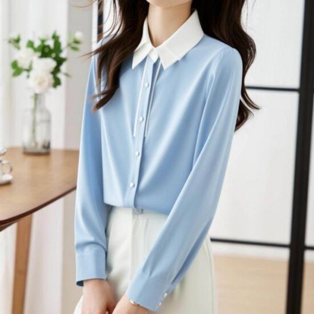 Navava Women Casual Color Block Double Collar Long Sleeve Shirt Nb3058