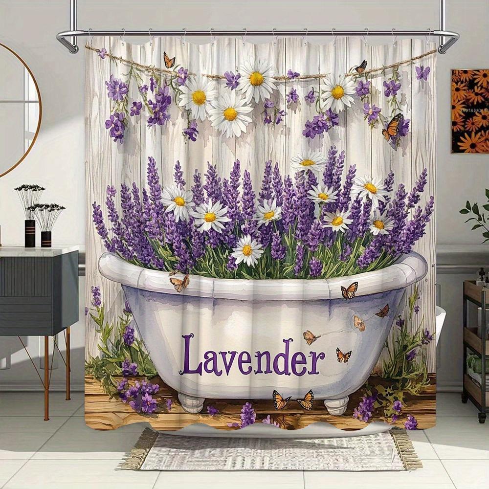Zahradní sprchový závěs Levandule - Voděodolný, Fialové květy a Motýli s Rustikálním plotem, 70x70 palců | Polyester