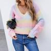 Women's Fashion Rainbow Patchwork Tie-Dye V-Neck Pullover Casual Knitted Sweater
