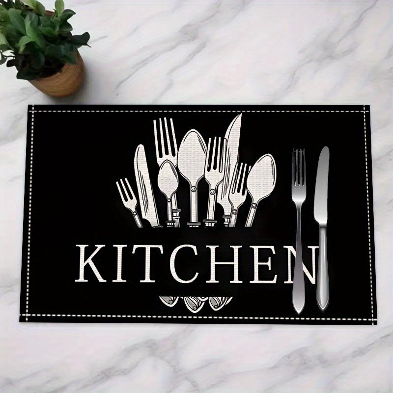 [4pcs Knife & Fork Placemats] 4pcs Linen Placemats | Black Knife & Fork Pattern | Kitchen Fabric Table Mats | Hotel Holiday Party Room Decoration