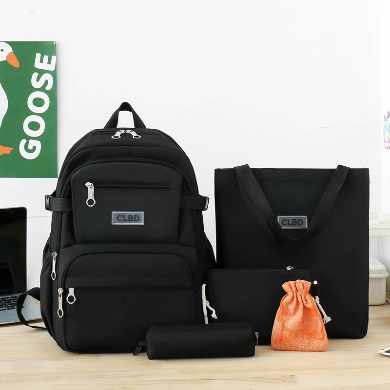 5pcs Elementary School Five Piece Backpack High School Students Large Capacity Multi Pocket Multi Functional Backpack Solid Canvas Leisure Bag