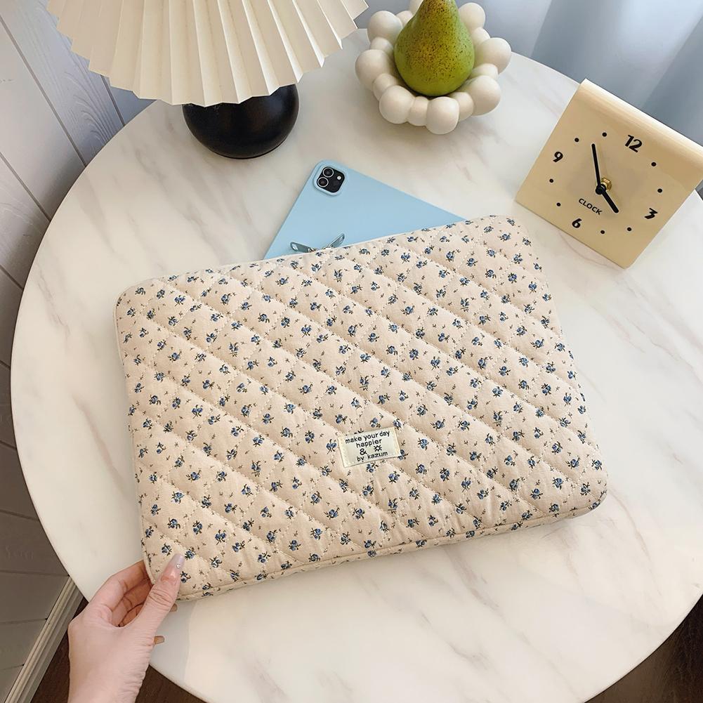 Korean Flower Printed Laptop Carrying Case Quilted Notebook Protective Sleeve Cute INS Grid Handbag for 11-15 Inch Laptop Tablet