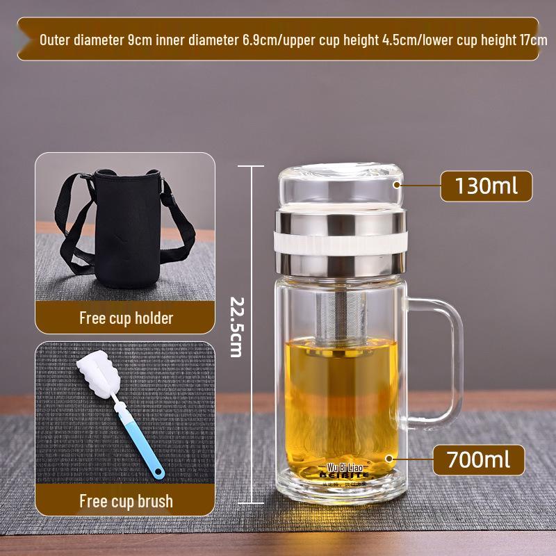 High Temperature Resistant Large Capacity Glass Tea Cup with Infuser, Double-Walled, Heat Insulated, and Portable Borosilicate Glass.