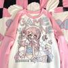 TrendHub Japanische Subkultur Chic Rosa Patchwork Langarm Hoodie Kawaii Anime Mädchen Print T-Shirt Damen Süß Reißverschluss Locker Lässige Oberteile