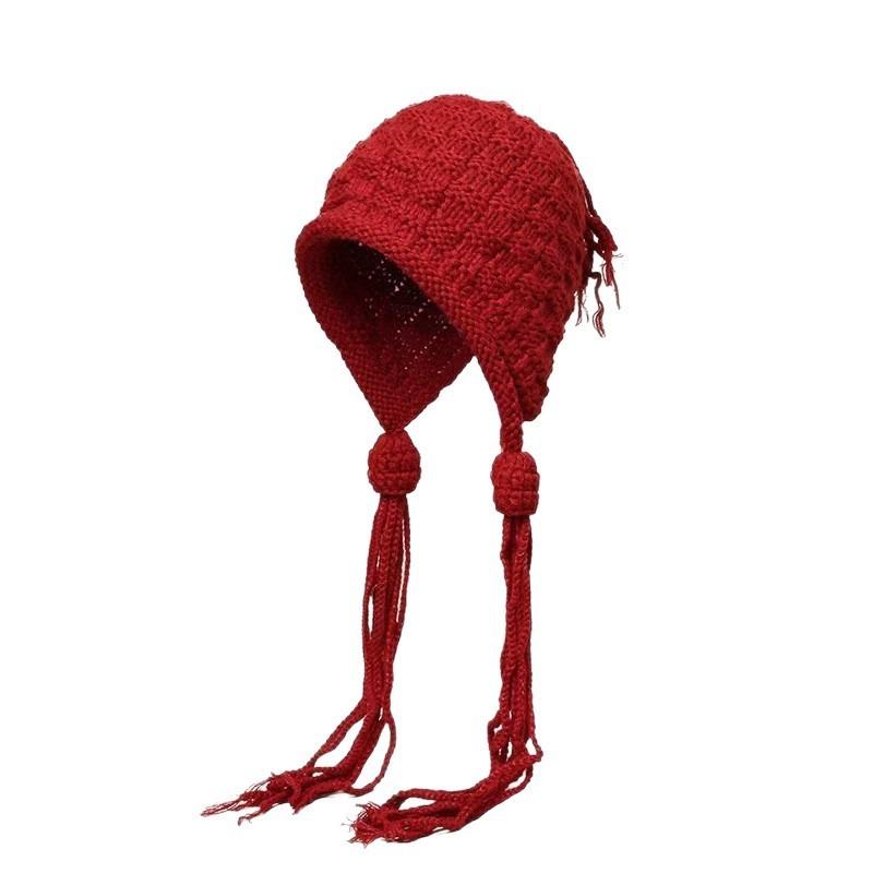 Autumn and Winter Sweet Knitted Hat with Long Tassels Windproof Ear Protection Hat Keep Warm Women Bucket Cap