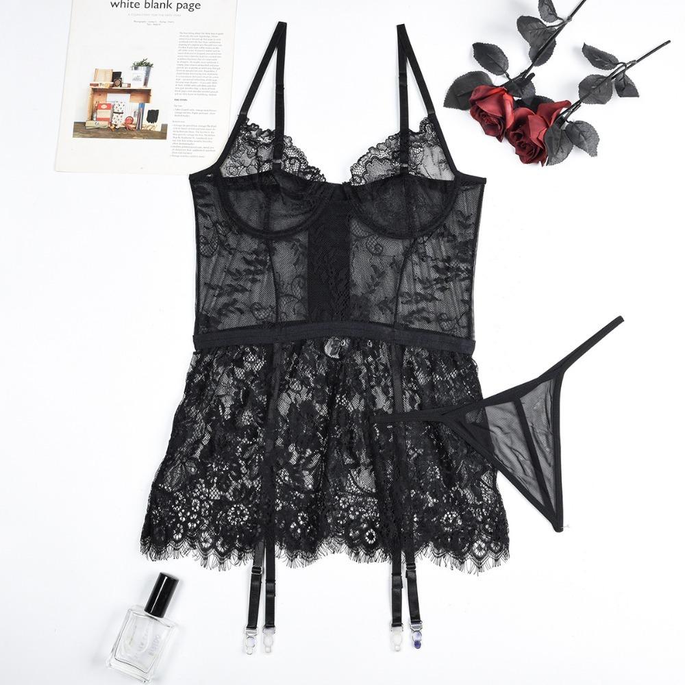 Sexy Lace Lingerie Sets Exotic Sleepwear See Through Night Dress Sexy Nightwear and G-String Thongs Fantasy Underwear for Women