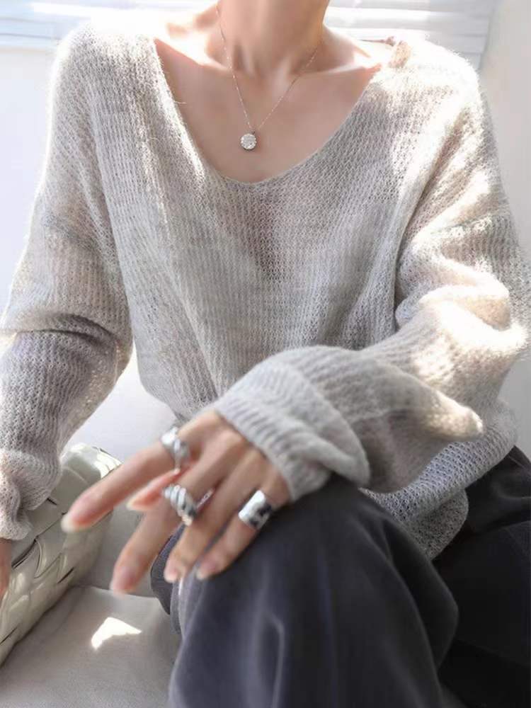 

Весенне-осенний новый мохеровый трикотажный тонкий пуловер свободного ленивого стиля с V-образным вырезом, ажурный свитер для женщин XL светло-серый