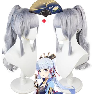Wig&Fan Genshin Impact Ayaka Cosplay Pruik Haar Zilver Middellang Hittebestendig Vooraf Gestyled Anime Halloween Kostuum Accessoires