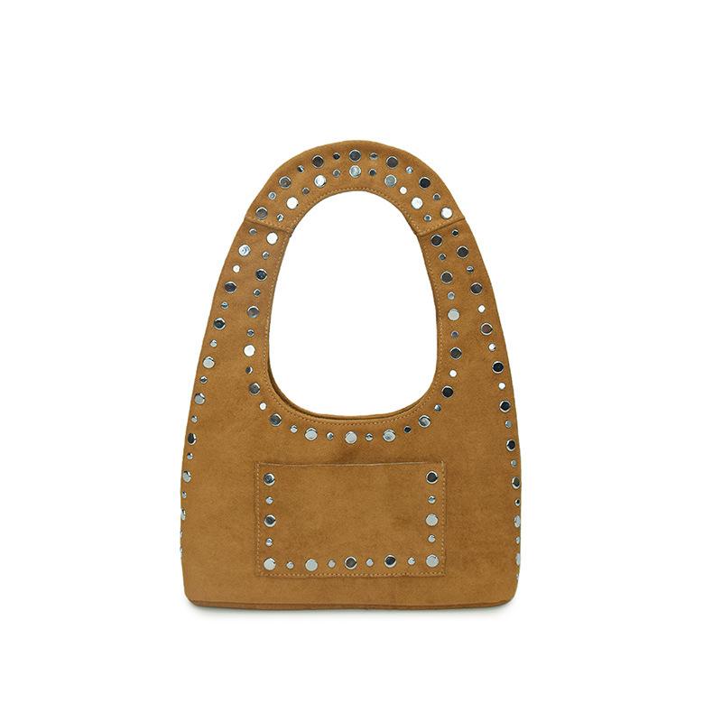Retro rivet single shoulder armpit bag fashion locomotive bag oil wax leather simple wind large capacity tote handbag