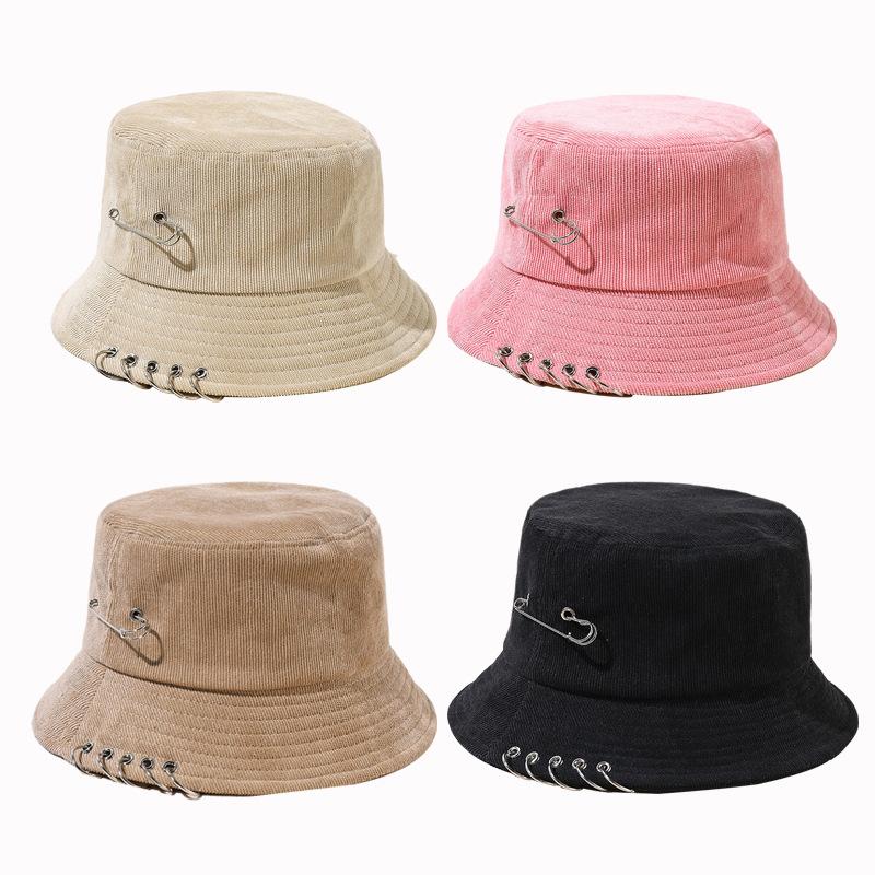 Fashion Unisex Fisherman Hat Solid Color Hip Hop Metal Pin Ring Bucket Hats Outdoor Travel Panama Bob Cap Wholesale