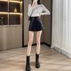 Women's 2025 High-Waisted Black PU Leather A-Line Bootcut Shorts - Slimming and Stylish for Spring, Autumn, and Winter.