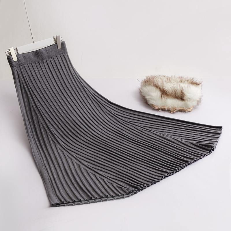Elastic Waist Black Striped Knitting Maxi Skirts For Woman Elegant Fashion Warm Sweater Saias Longas