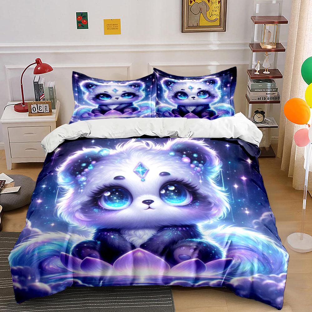 Dreamy Lotus And Starry Panda Duvet Cover Set With 3D Printing Design Soft Polyester Bedding Set All-Season Comfort For Gifts