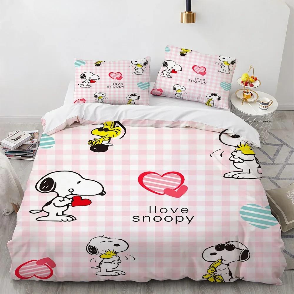 Snoopy Children's Microfibre Duvet Covers 3-Piece for Teenagers Adult Duvet Cover Cartoon Comics Bedding with Zip Gift Cover