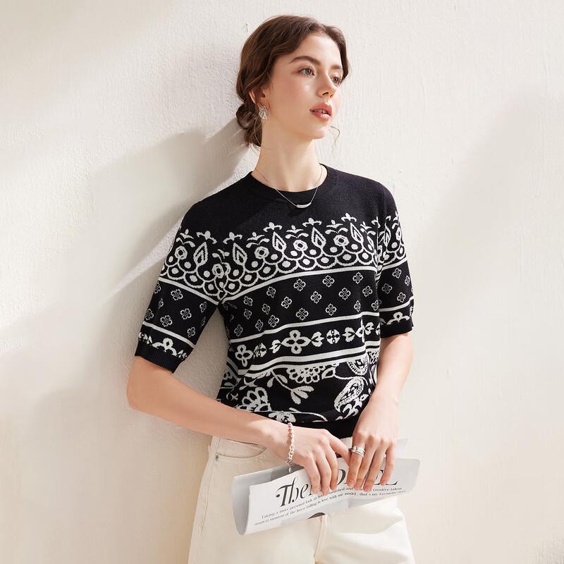 Retro Jacquard Knitted Short Sleeve Women's T-shirt